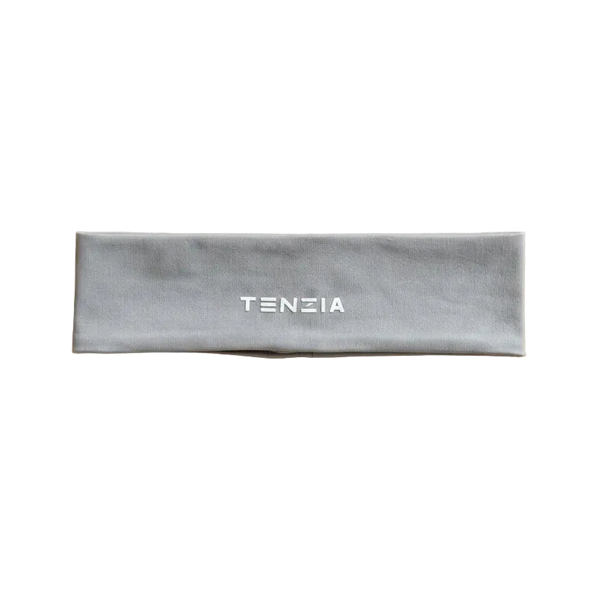 Gray headband with 'TENZIA' branding on a beige background